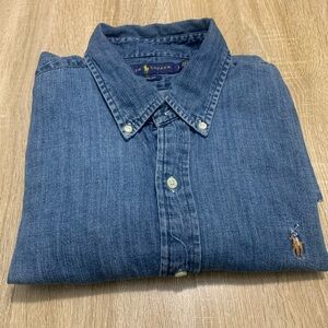 Mens POLO Ralph Lauren Chambray Denim Button Down Long Sleeve Shirt Slim L blue